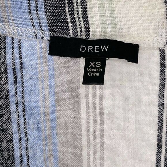 Drew Linen Blend Striped Ruffle Flutter Sleeve V-Neck Button Down Blue Top XS - Picture 5 of 6